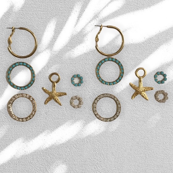 Turquoise Gold & White crystal Starfish & hoop dangle earrings wear many ways - Picture 2 of 9